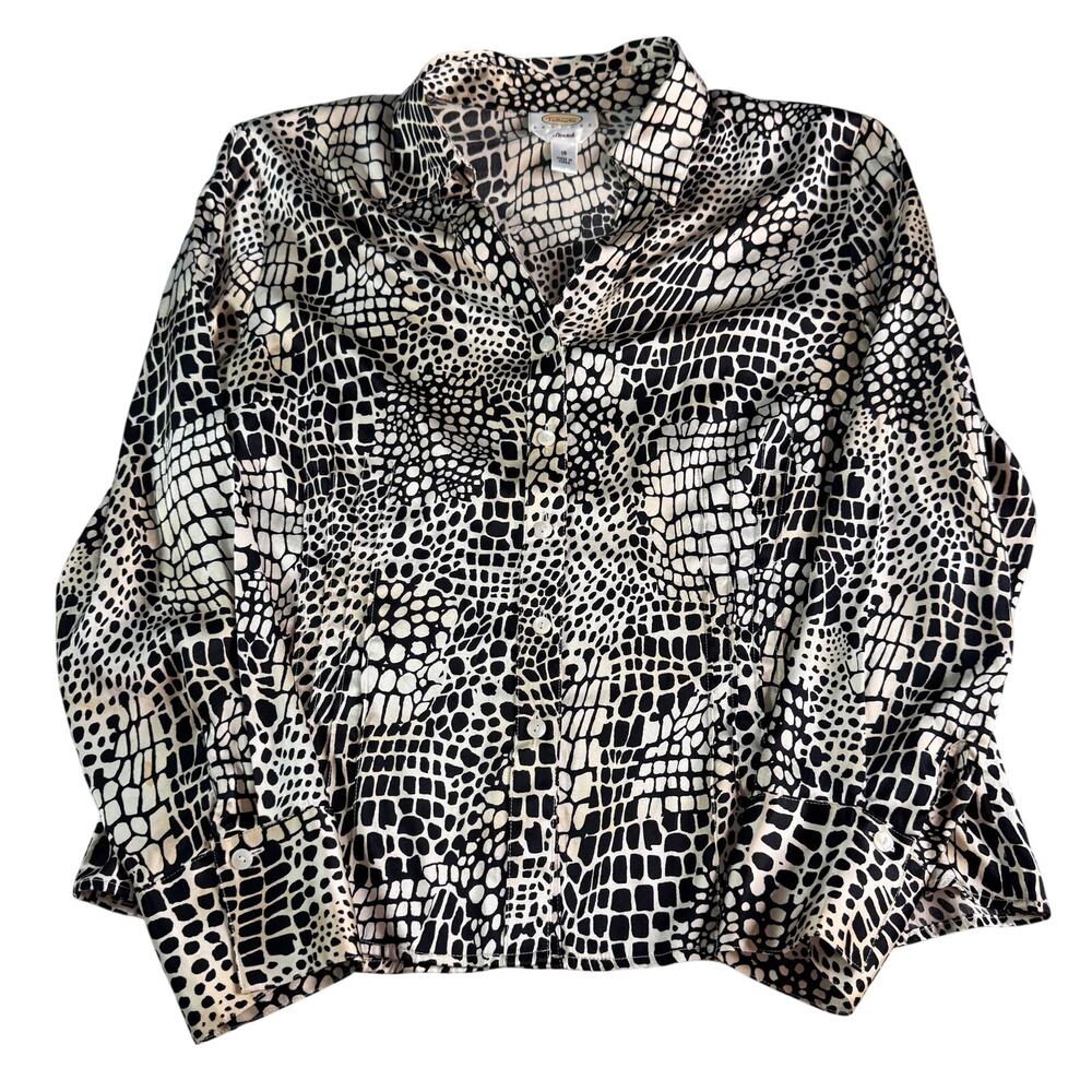 Talbots Petites 16 Silk Blend Animal Print Button Front Blouse Black Ivory
